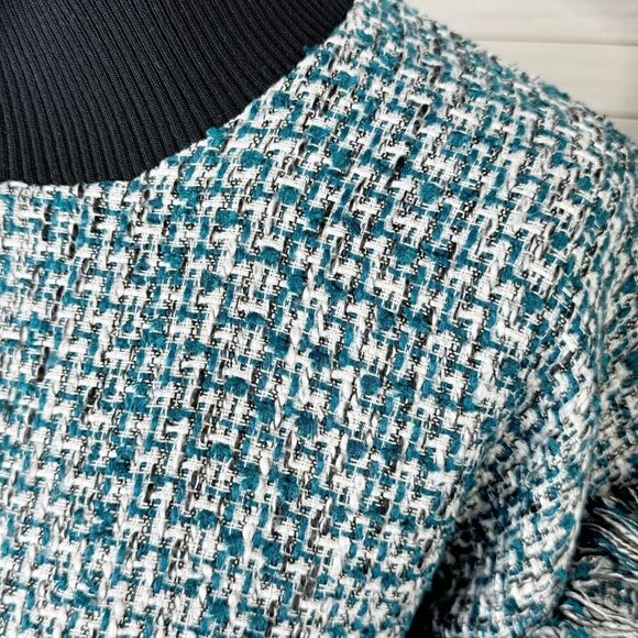 Zara Tweed Fringe Hem Mock Neck Shirt Teal White Large Crop - Picture 7 of 12